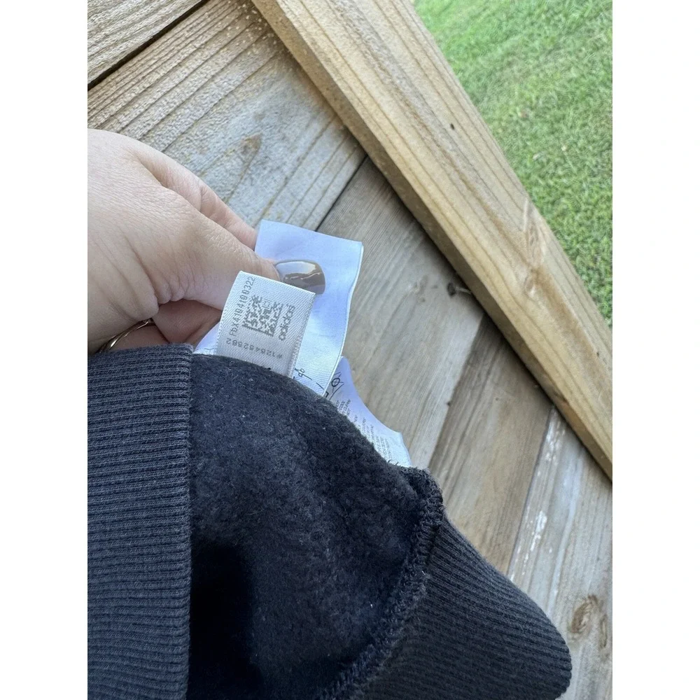 Adidas Three Stripes Black Sweatshirt With White Logo Words On Sleeves Size Larg